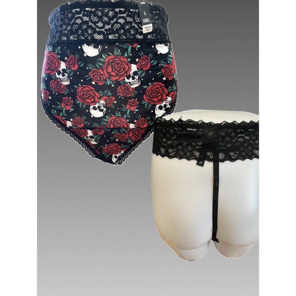 Torrid Curve Black Red Skull Rose Tattoo Print Lace Seamless G-String Thong 6-6X